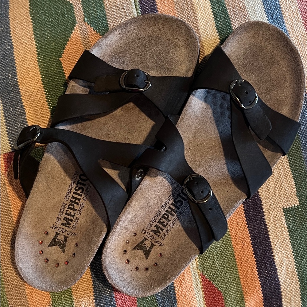 Mephisto Black Leather Sandals Size 38
